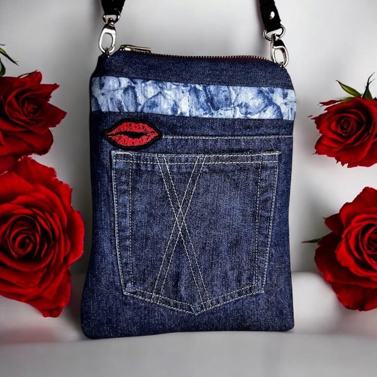 Denim blue bag with lips and kisses love theme 
