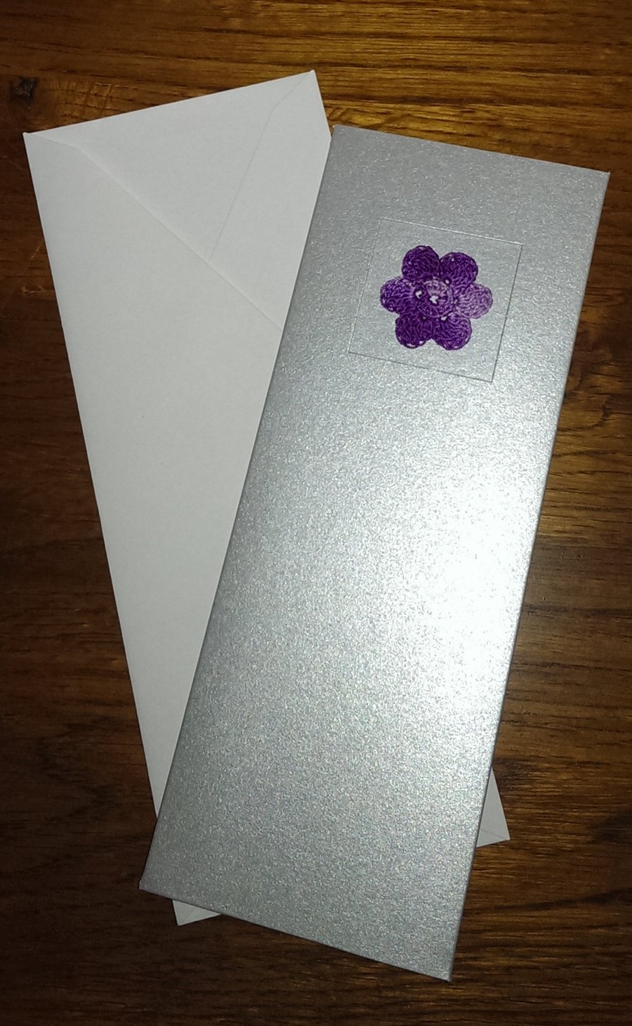 SLIMLINE SILVER CARD, WITH LILAC FLOWER - 7cm x 18.5cm BLANK TO PERSONALISE
