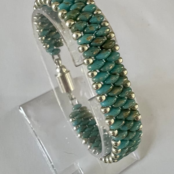Slim SuperDuo Bracelet - Turquoise Picasso & Silver