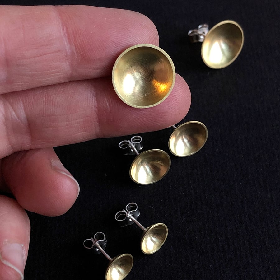 Brass and sterling silver stud earring. Brass bowl earring.