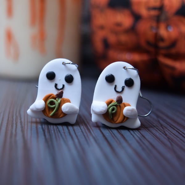 Ghost shaped dangle earrings with a pumpkin 