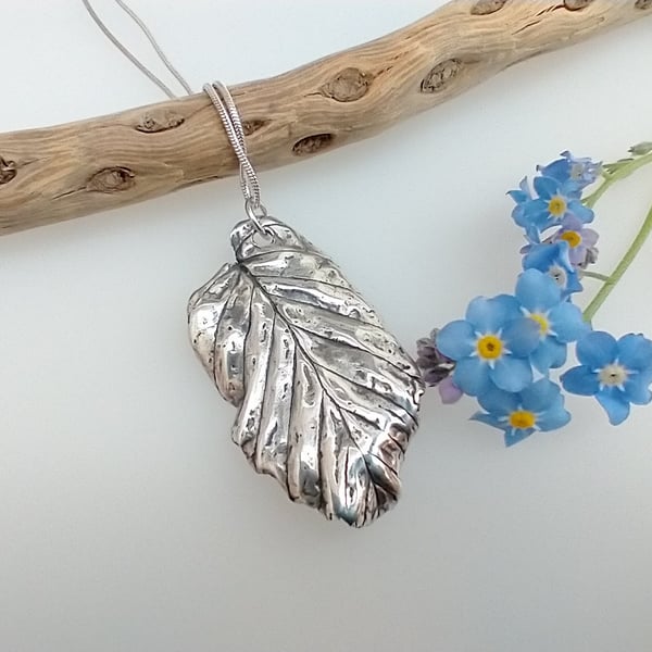 Fine Silver Curled Beech Leaf Necklace Pendant - Free UK P&P