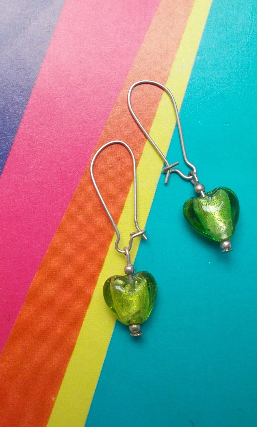 Green Glass Heart Earrings