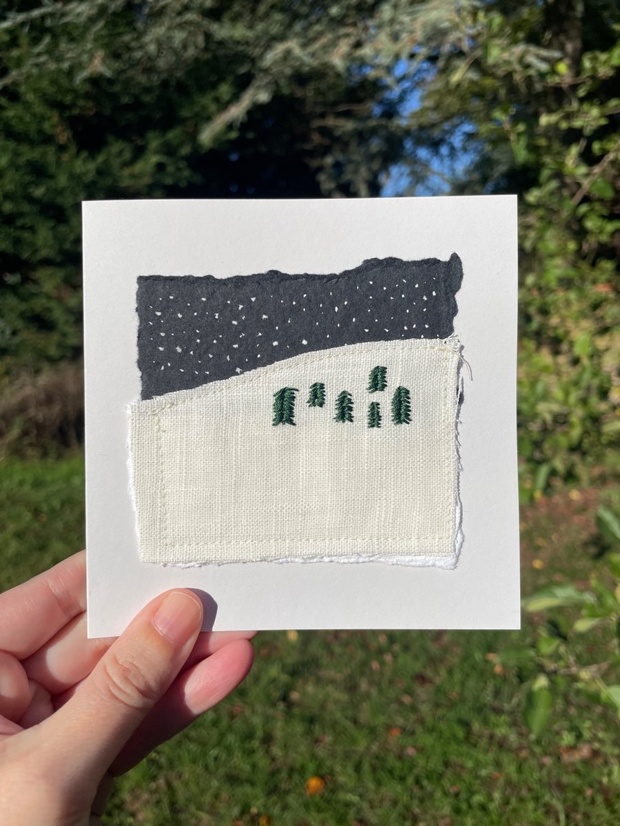 Snowy scene, mixed media Christmas card, hand embroidered, recycled card