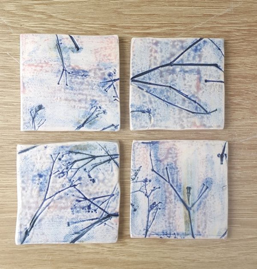 Blue Bare Trees Ceramic Coasters