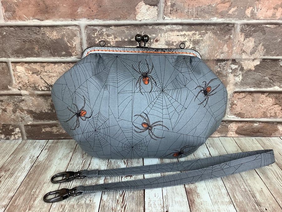 Gothic Spiders Web medium fabric frame clutch handbag, Kiss clasp