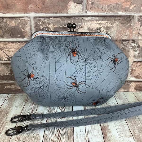 Gothic Spiders Web medium fabric frame clutch handbag, Kiss clasp