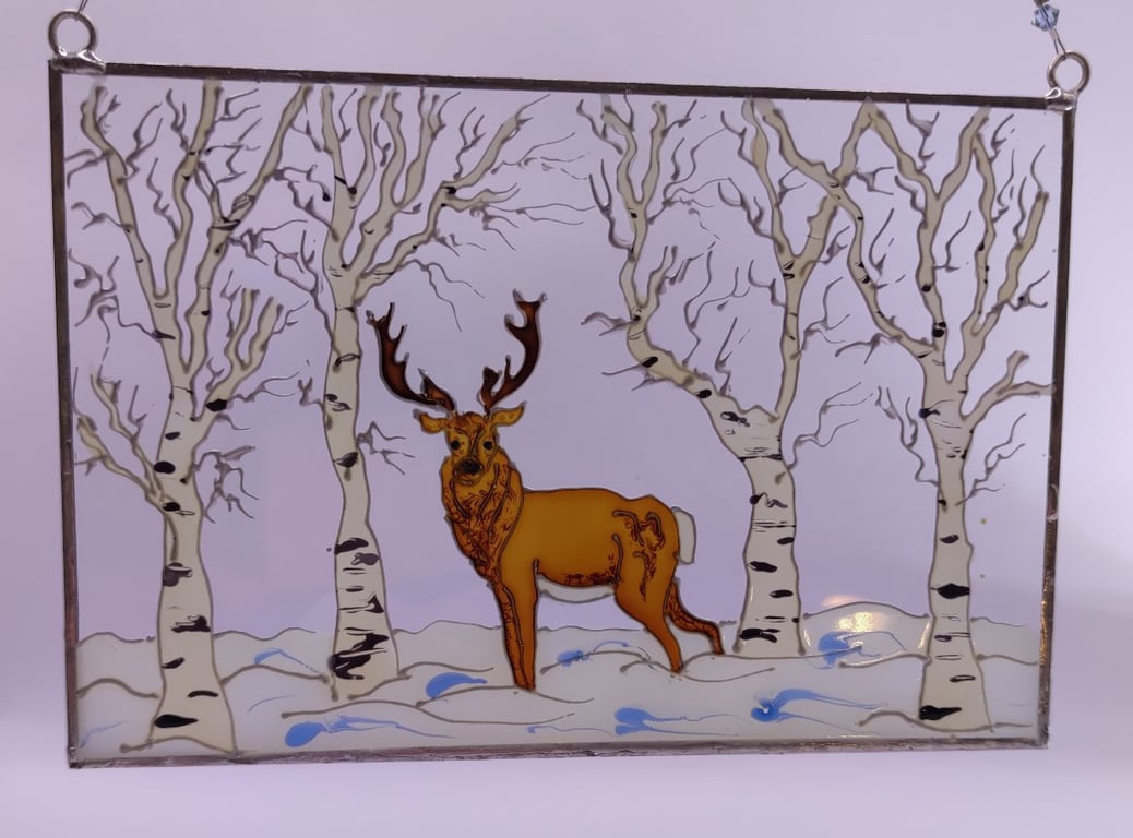 Handmade glass painted window hanging, Highland Stag