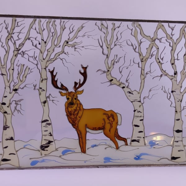 Handmade glass painted window hanging, Highland Stag