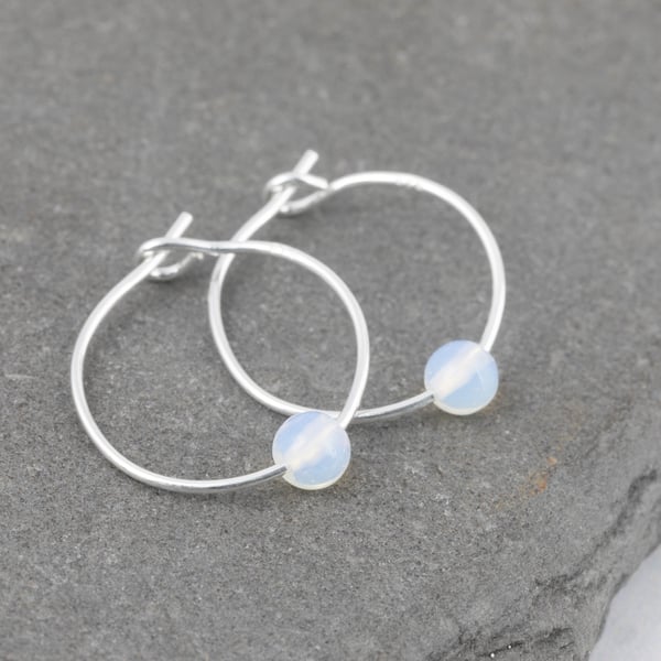 Boho 4mm Iridescent White Opalite Gemstone & 15mm Sterling Silver Hoop Earrings