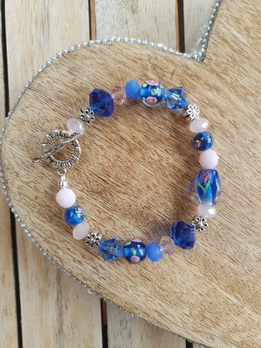 Beaded Bracelet - Blue & Pink Floral Lampwork Mix With Decorative Toggle Clasp