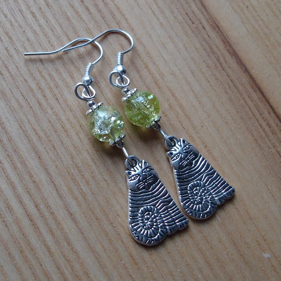 Lime Striped Cheshire Cat Charm Earrings - Gift for Her