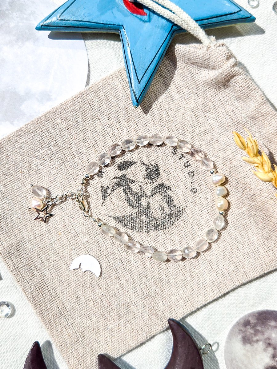 Rose Quartz & Freshwater Pearl Bracelet with Sterling Silver Star Charm