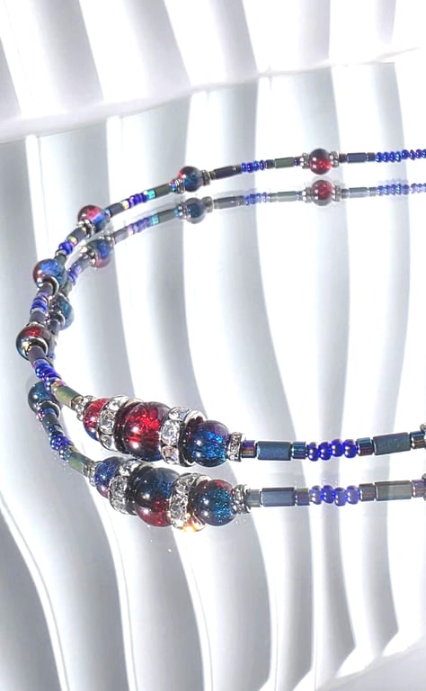 Hematite Glass Bead Necklace Red Blue Sparkle Statement Jewellery Handmade UK
