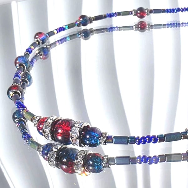 Hematite Glass Bead Necklace Red Blue Sparkle Statement Jewellery Handmade UK
