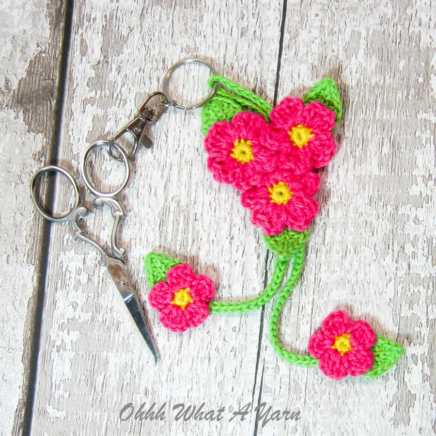 Pink crochet flower bag charm, scissor keeper, primula bag charm