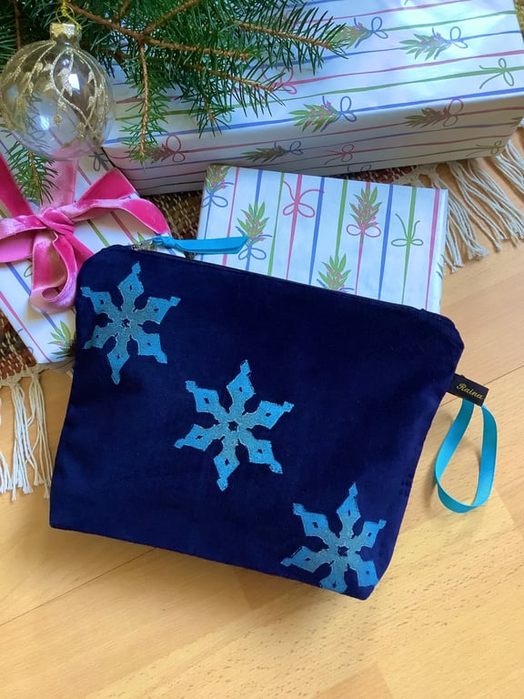 Hand Printed Navy Snowflake Velvet Makeup Bag, Navy Snowflake Cosmetic Pouch