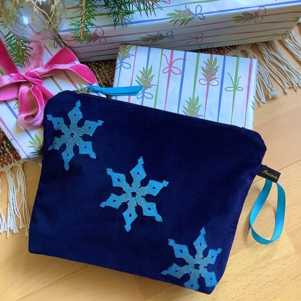 Hand Printed Navy Snowflake Velvet Makeup Bag, Navy Snowflake Cosmetic Pouch
