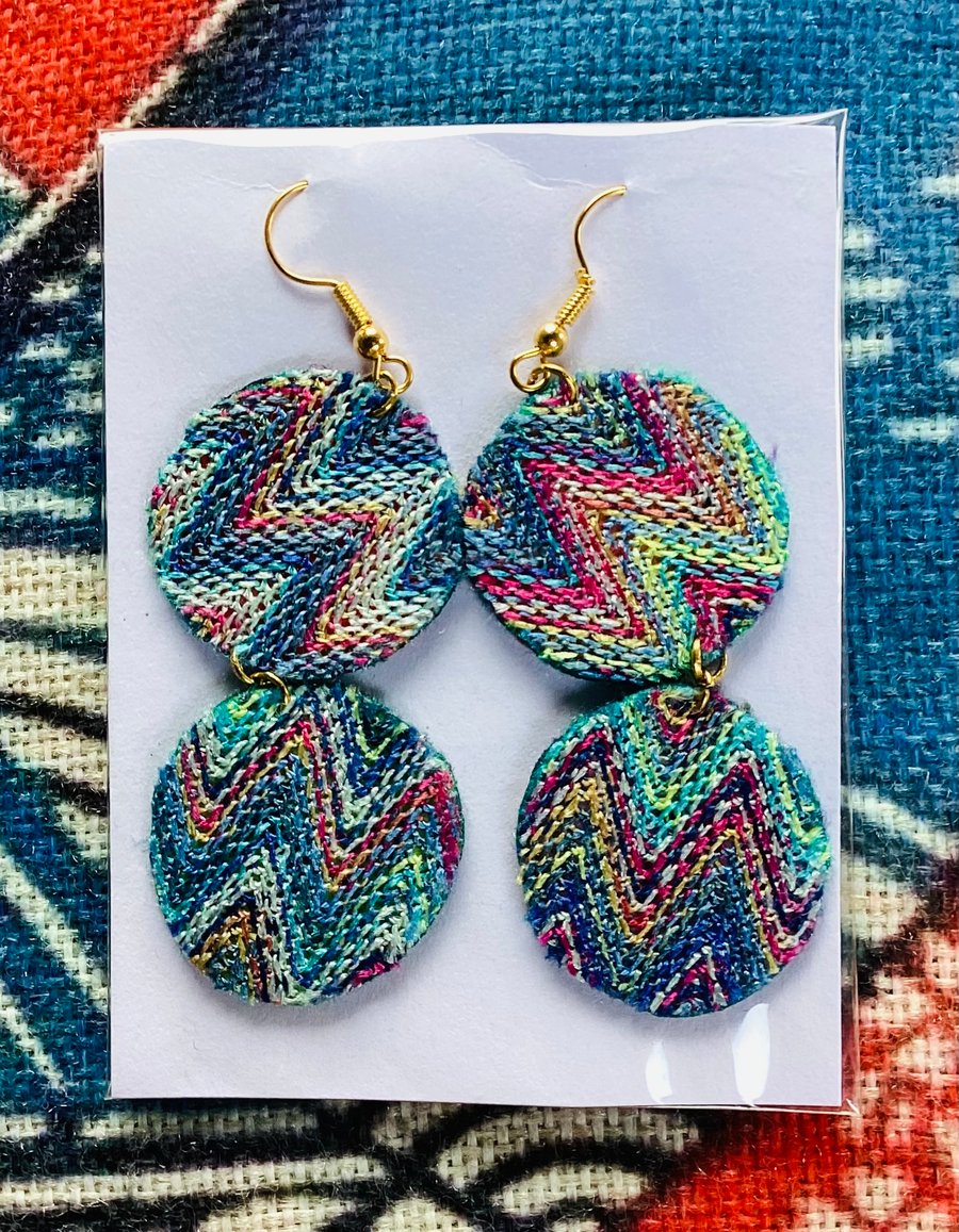 Handmade Zigzag Pearlescent Fabric Doubled Circle Earrings With Gold Hooks