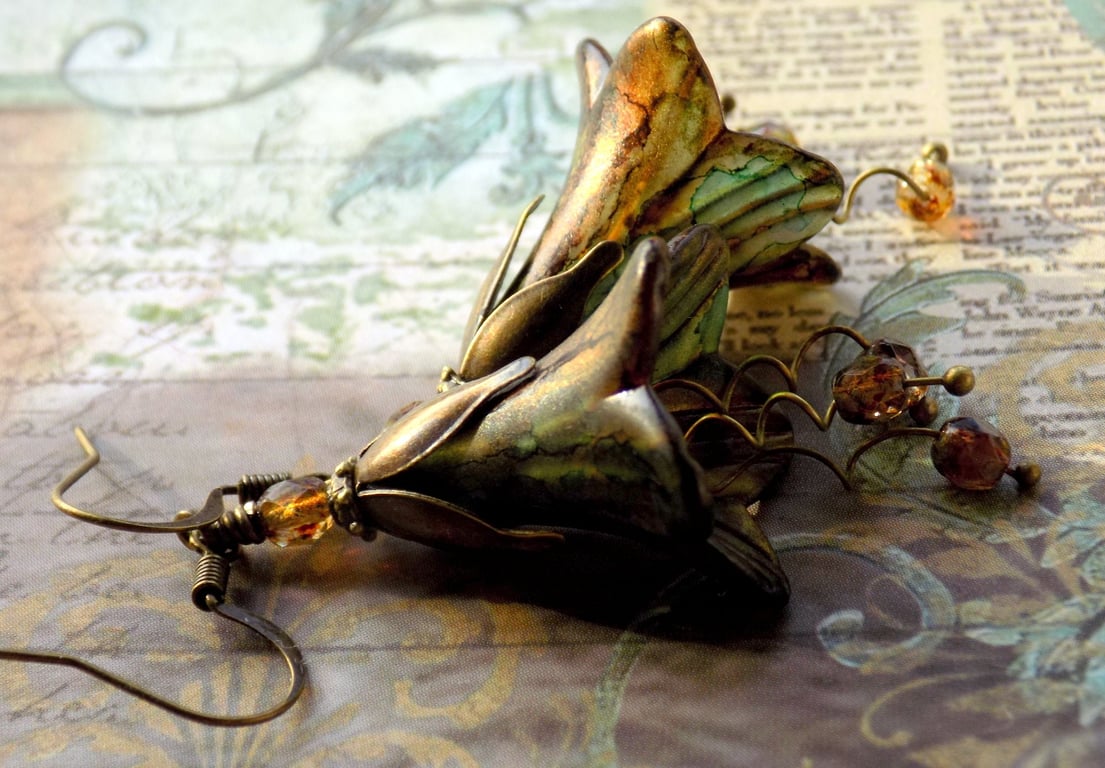 Brown Patina Gold "Illusion of Time" Hand Painted Lucite Flower Earrings, Floral