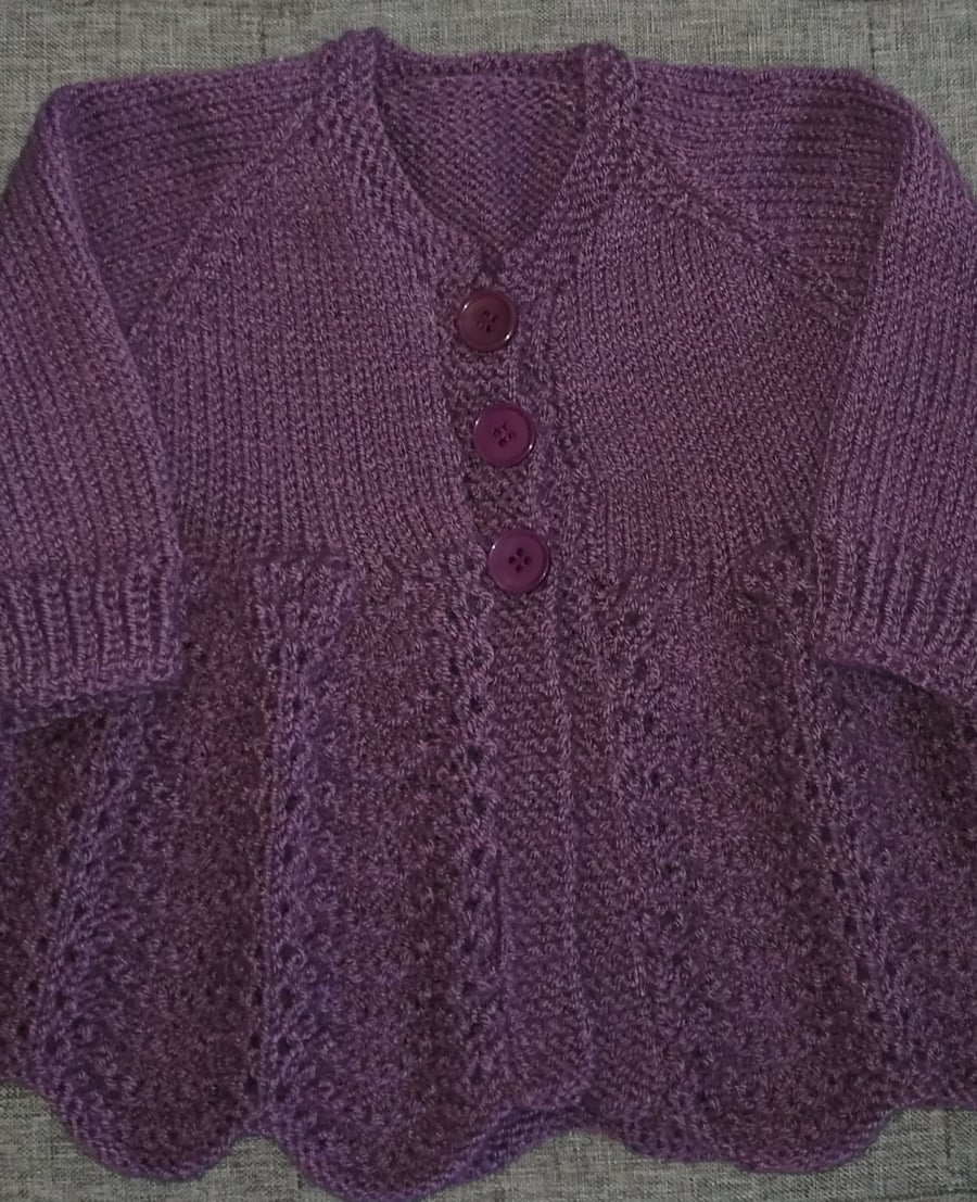3-9 months vintage, traditional style hand knitted cardigan in purple