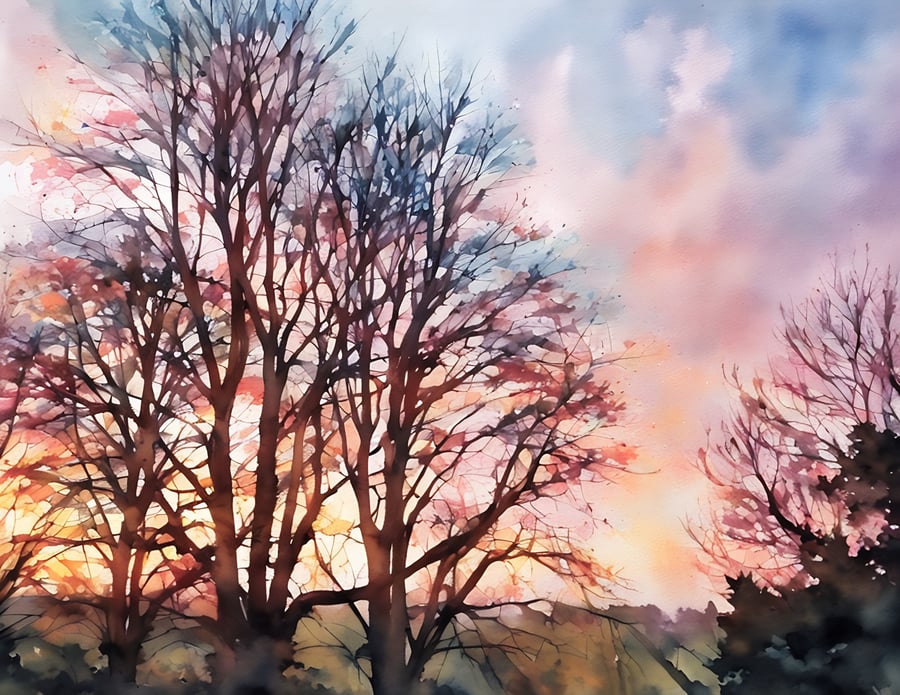 Print of Original Water Colour A4 Trees At Sunset