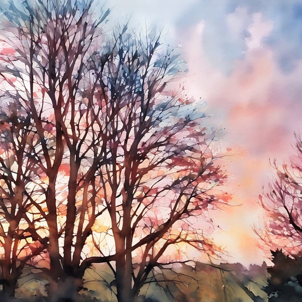 Print of Original Water Colour A4 Trees At Sunset