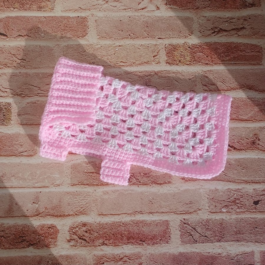 Crochet jacket for small dog, pink white granny square pet sweater 