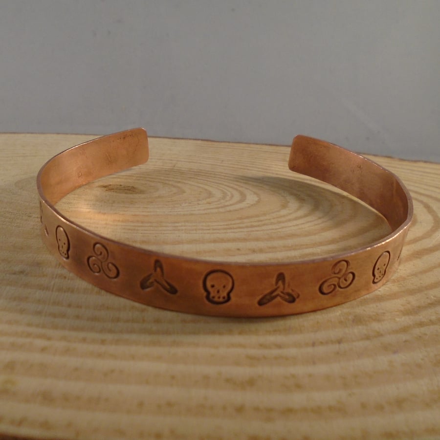 Copper Skull and Swirls Stamped Adjustable Bangle