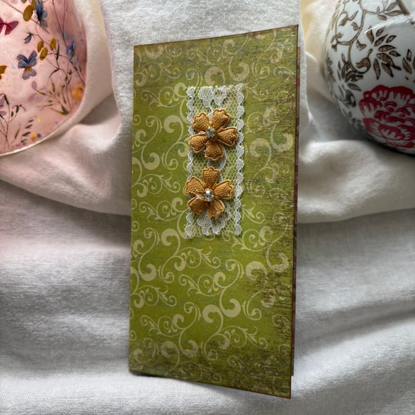 Handmade Slimline Pocket Journal - Green Floral Mini Notebook