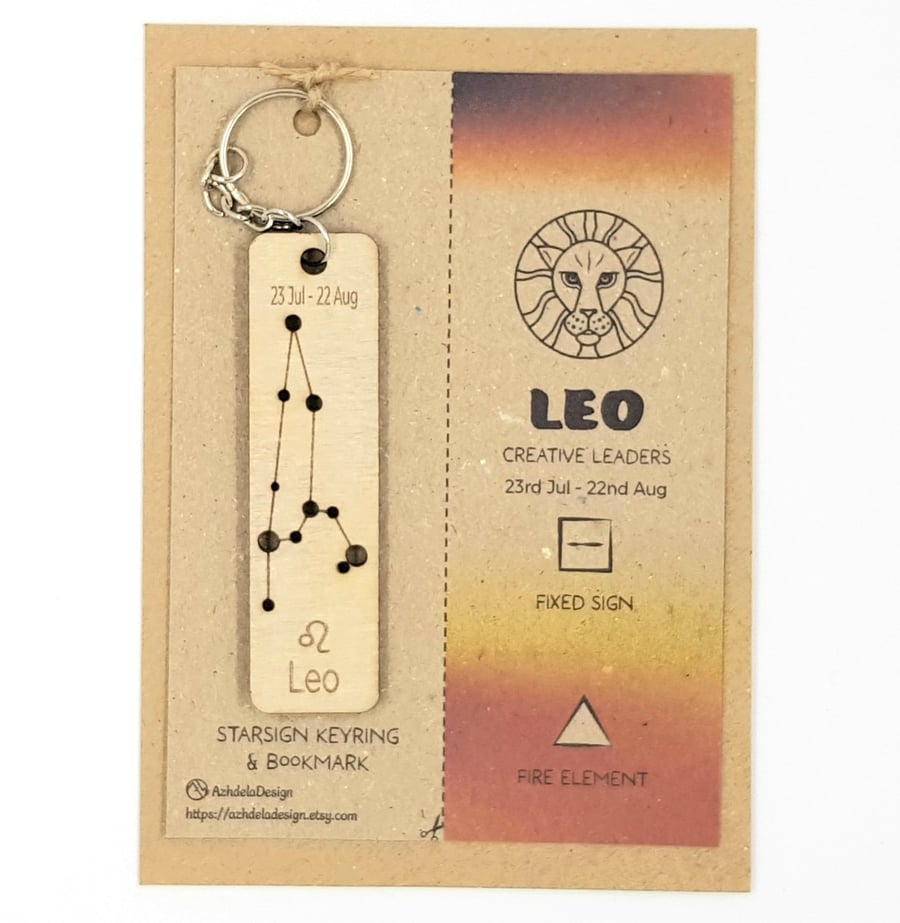 Leo Zodiac Star Sign Constellation Wooden Keyring & Bookmark Gift