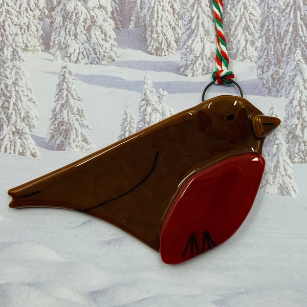 Handmade Fused Glass Robin Hanging Christmas Decoration 