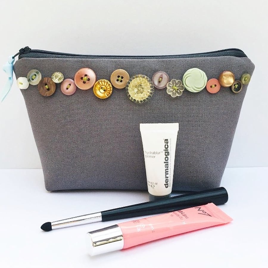 Grey Canvas MakeUp Bag with Vintage Buttons
