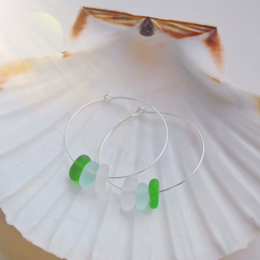 Sea glass hoops, seaglass hoops, hoop earrings, sea glass earrings, Seaglass
