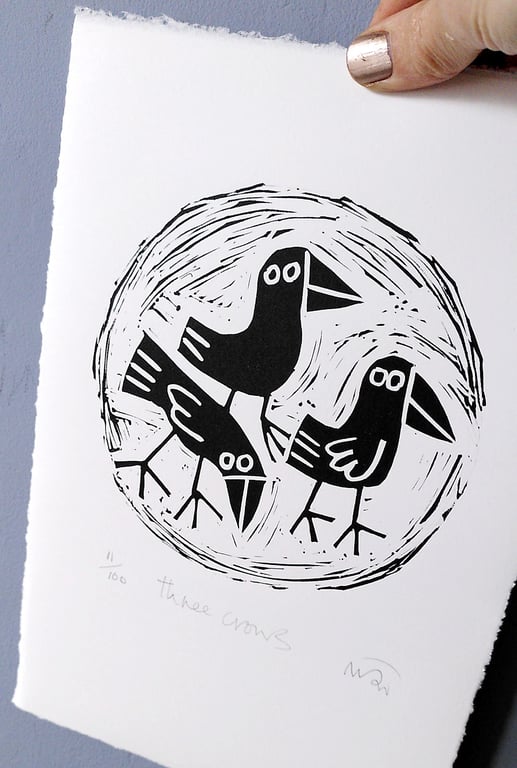 Three Crows - lino cut print