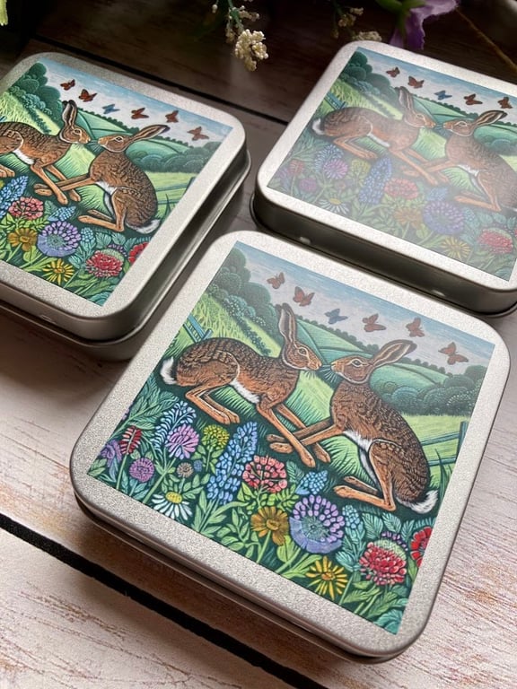 Two Hares storage tin square buttons, stitch markers, beads, knitting, sewing