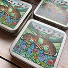 Two Hares storage tin square buttons, stitch markers, beads, knitting, sewing