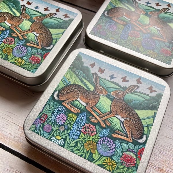 Two Hares storage tin square buttons, stitch markers, beads, knitting, sewing