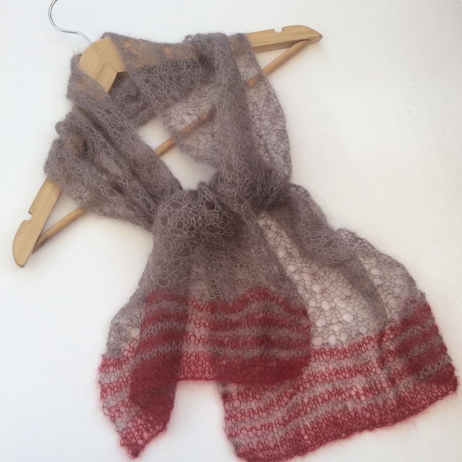 Taupe lace scarf hand knit in kid mohair with red stripes