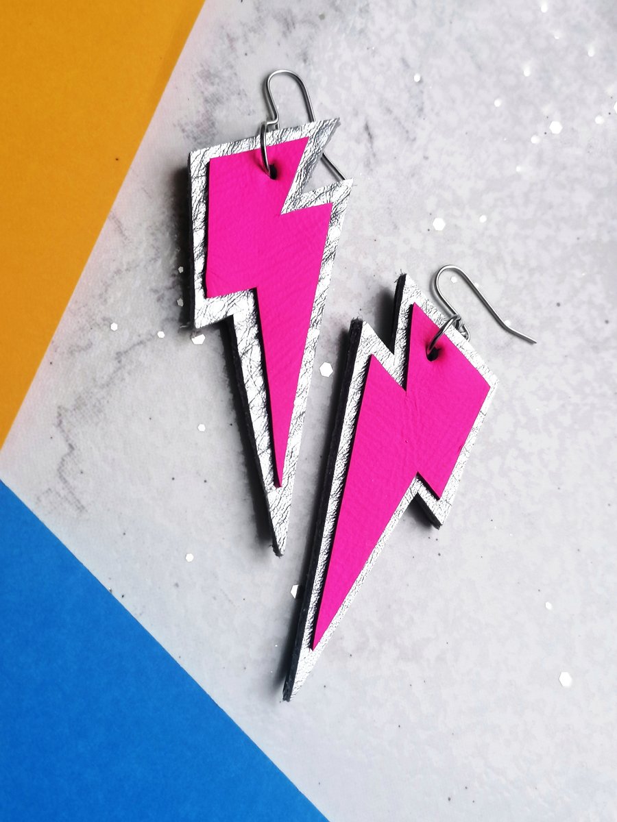 Neon Pink Lightning Bolt Earrings - Repurposed Leather