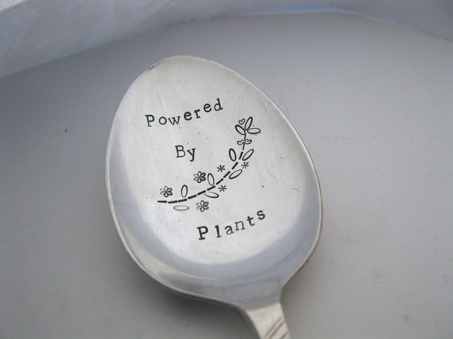 Vegetarian Spoon, Powered by Plants, Handstamped Vintage Dessertspoon