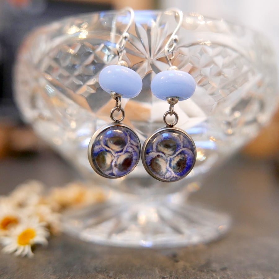 Blue Flower Dangle Earrings, Wearable Art Jewellery, Elegant, Unique