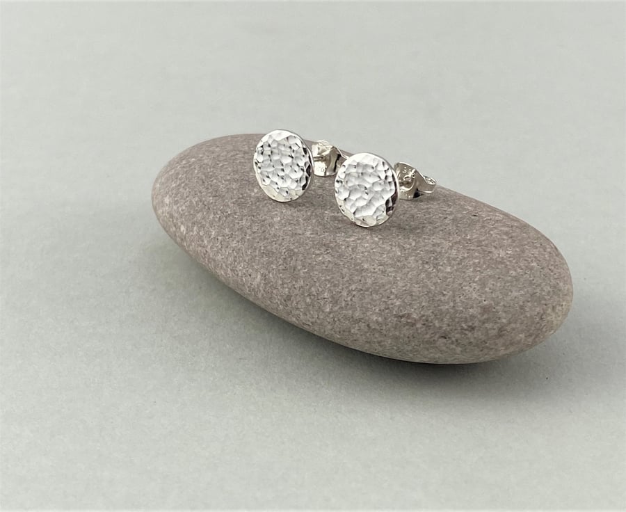 Sterling Silver Stud Earrings, Hammered 8mm Silver Stud Earrings