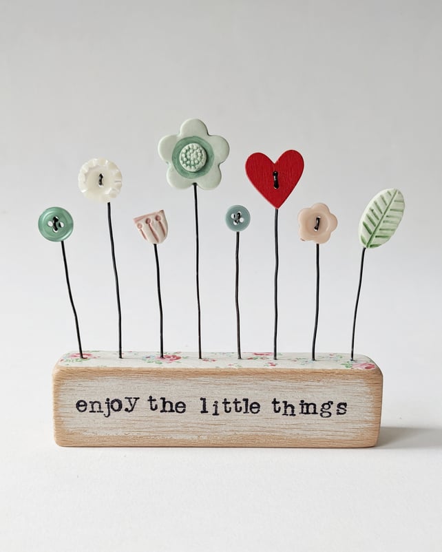 Clay and Button Flower Garden in a Floral Wood Block 'enjoy the little things'