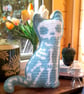 Spooky Cat Mini Cushion - Blue with white bones