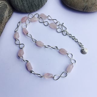 Infinity Link Necklace in Sterling Silver with Rose Quartz, Hallmarked
