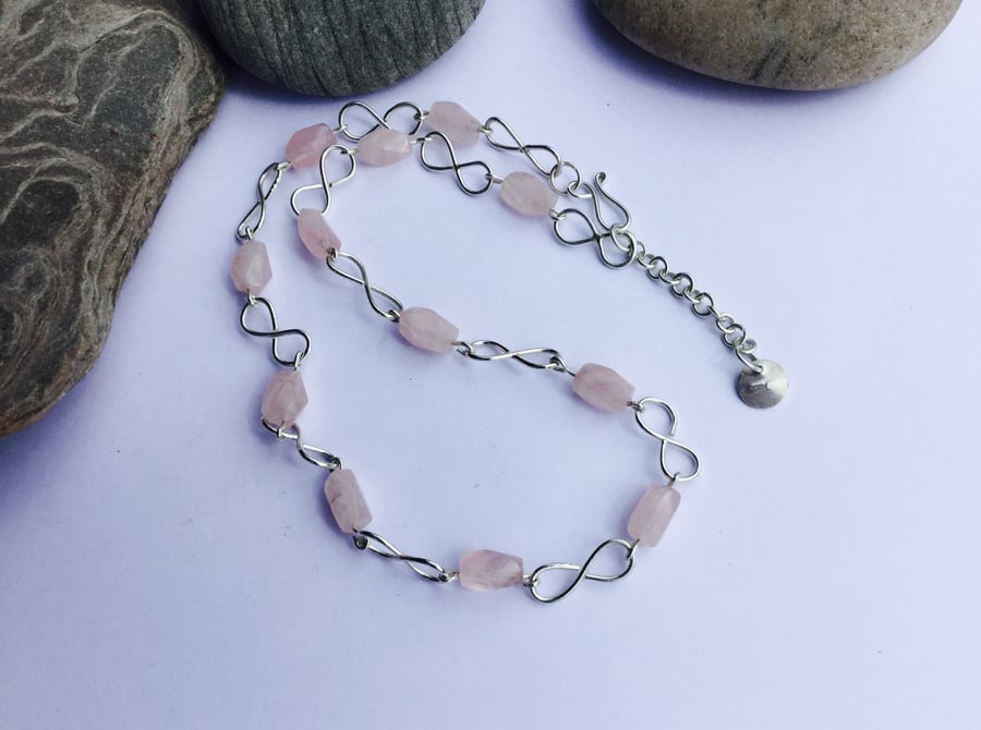 Infinity Link Necklace in Sterling Silver with Rose Quartz, Hallmarked