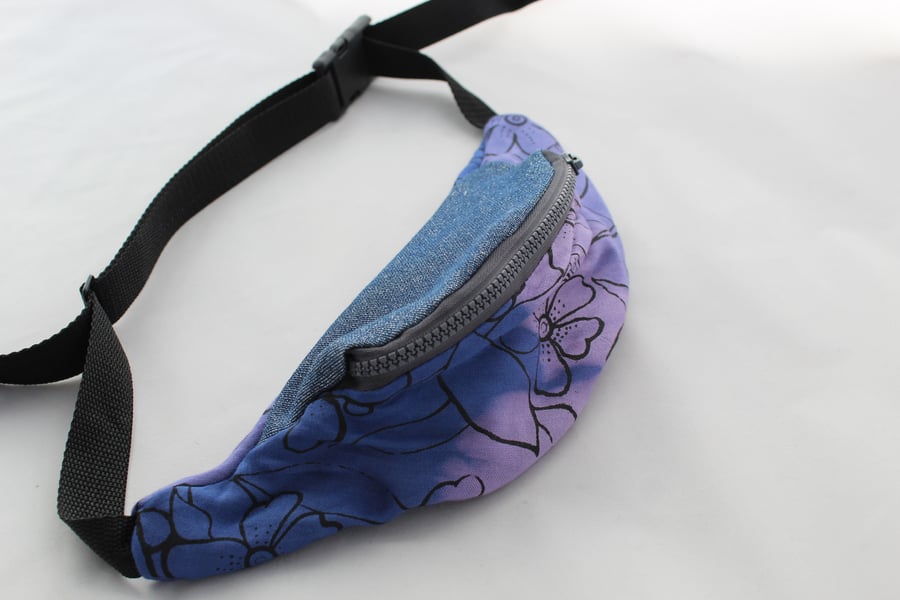Handmade blue bum bag, festival bag, hip bag,hand print floral belt bag, gift