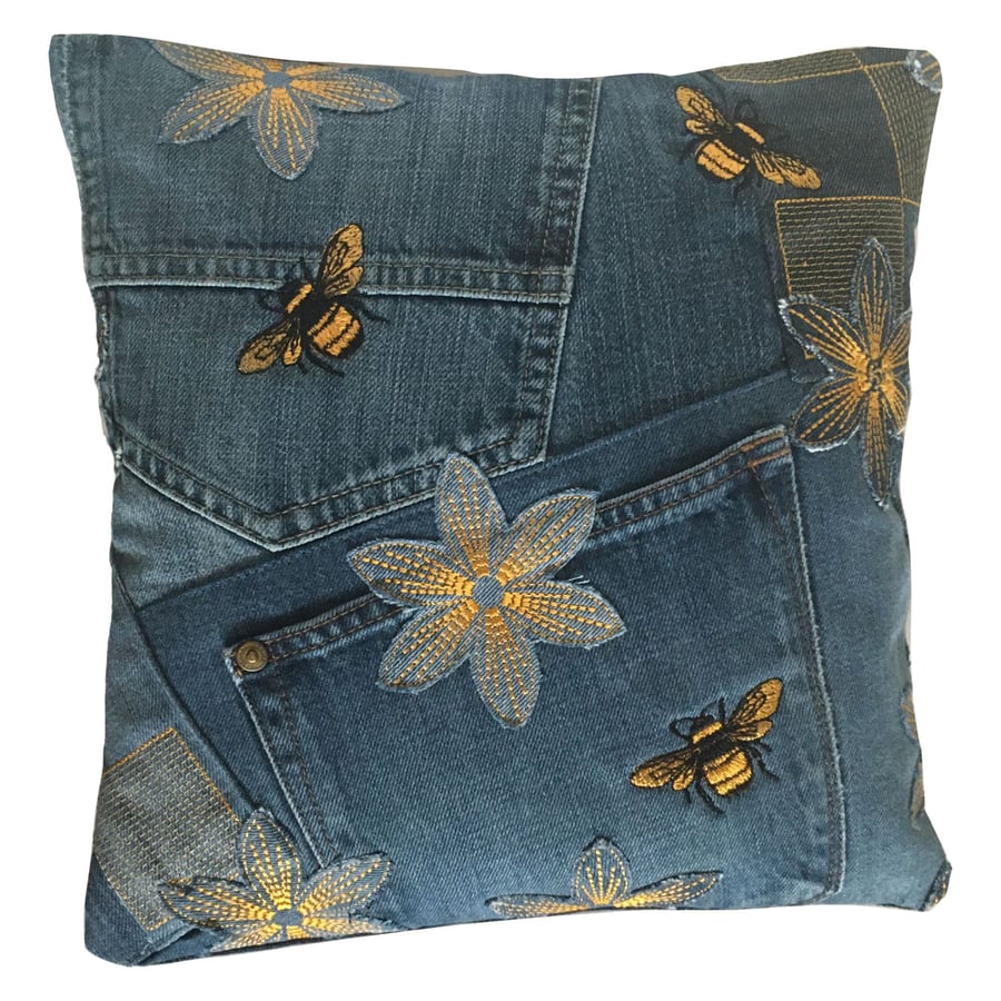 Bee Cushion - Upcycled Denim Cushion - 30cm Cushion - Patchwork - Bees
