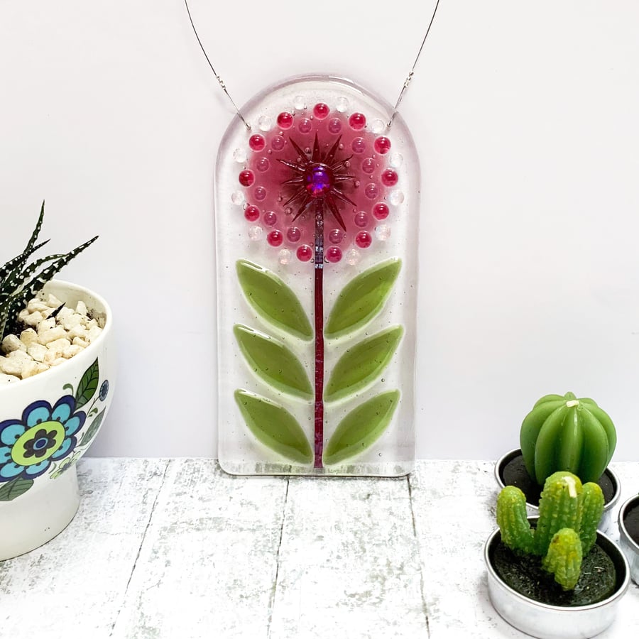Pink Fused Glass Retro Allium Hanging - Handmade Glass Suncatcher